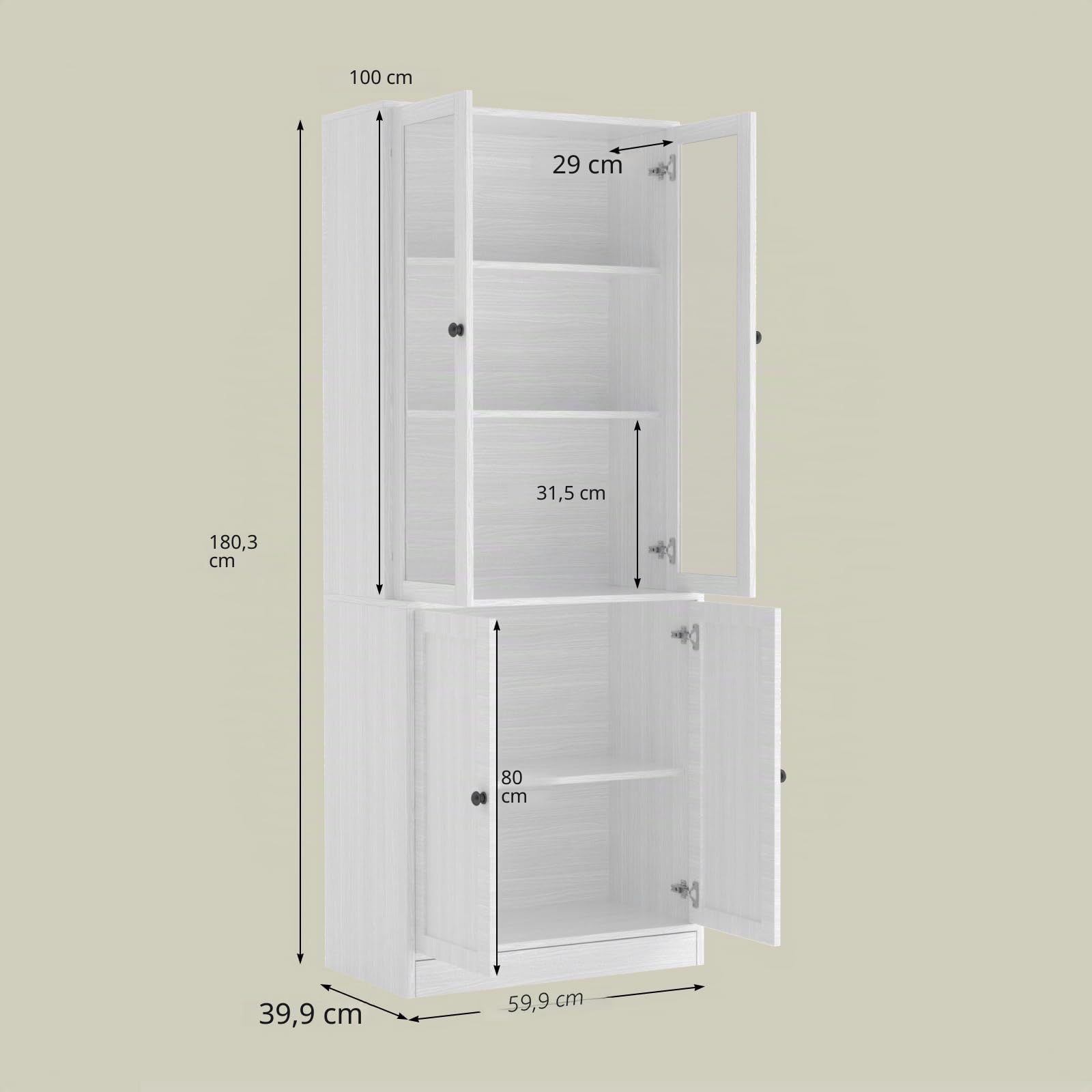 VOWNER Biblioteca de 5 pisos con puertas de vidrio - 180 cm - Armario alto - Armario aparador para cocina, salón, comedor - A (blanco)