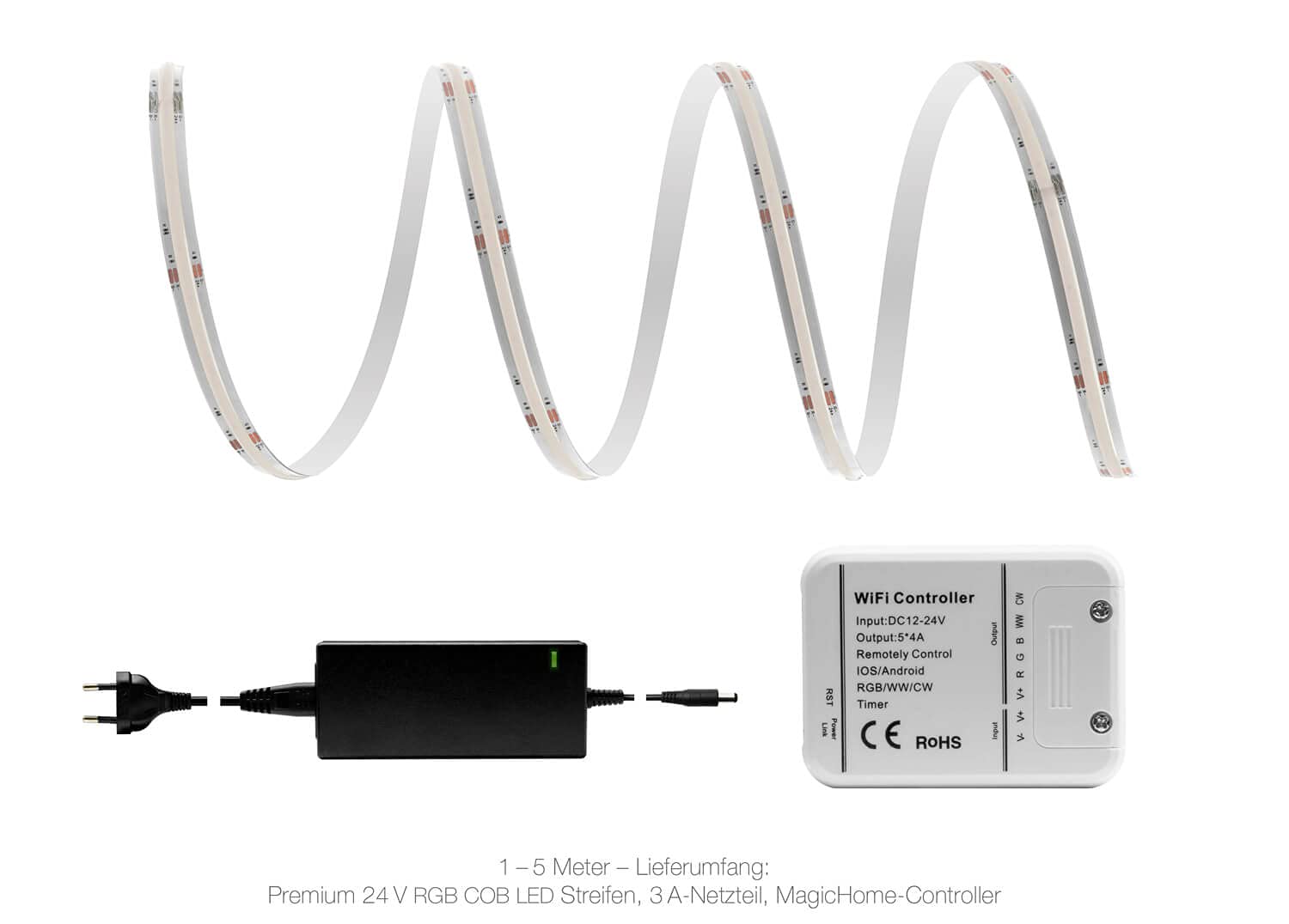 LED Universum Juego de tiras LED COB WLAN RGB con controlador Magic Home y fuente de alimentación, filamento premium, 24 V, IP20, multicolor (7 metros)