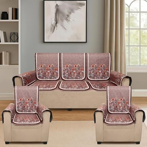 Image of Velvet Single Seater Sofa Cover with 2 Seat and Back Covers, 2 Hand Rest Covers - Floral Design - Washable Fabric - Stylish Sofa Cover for Modern Living Room (Brown, 1 Seater With Arm Cover)
