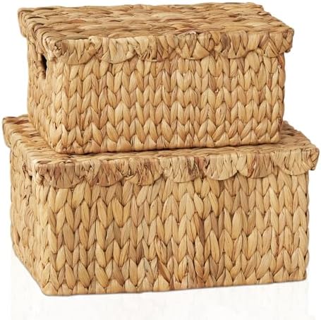 FairyHaus Wicker Basket with Lid, Scalloped Wicker Storage Basket with Removable Tray Lid, Handwoven Natural Water Hyacinth Bakests with Handles for Nursery 2Pack, 15 x 11.22 x 7 & 13 x 9.45 x 5.9