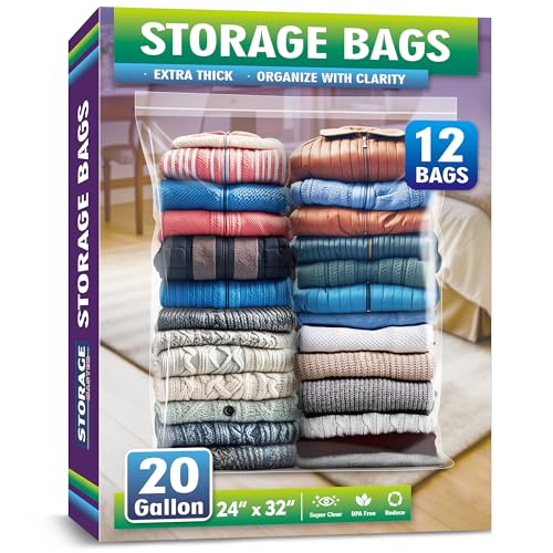 Extra Large 20 Gallon Zippered Plastic Bags for Storage- 24'' x 32'', Ideal for Clothes Clothing, Travel, Moving, 3-mil Extra Thick Clear Plastic, 12 pack