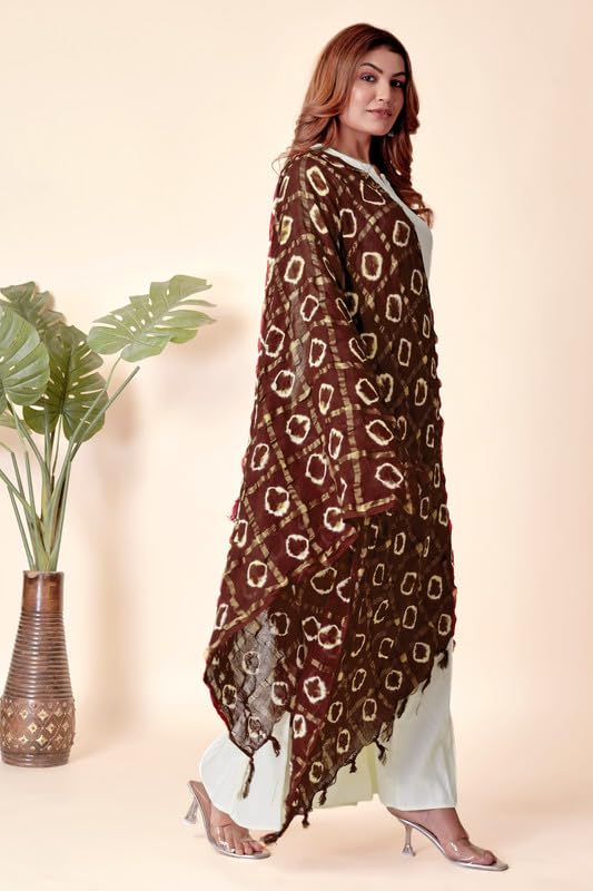 Image of Women Bandhani Dupatta | Traditional Chunri Print with Decorative Border | Lightweight Ethnic Stole for Festive and Wedding Wear
