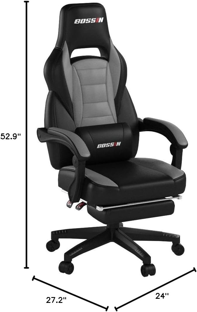 BOSSIN Gaming Chair with Massage, Ergonomic Heavy Duty Design with Footrest and Lumbar Support, Large Size Cushion High Back Office Chair, Big and Tall Gaming Computer Chair for Kids