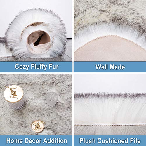 Carvapet Faux Sheepskin Area Rug 5x7 Feet, White with Black Tips Soft Fluffy Faux Fur Rug, Plush Shag Carpet for Bedroom Living Room Nursery Floor