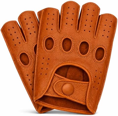 Riparo Mens Leather Reverse Stitched Fingerless Half-Finger Driving Motorcycle Gloves (Medium, Cognac)