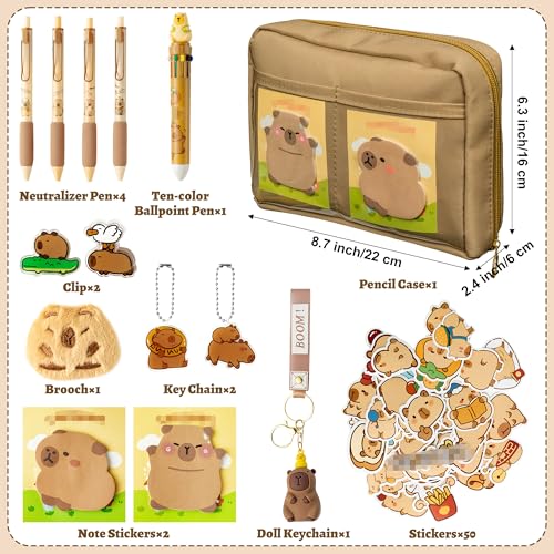 Image of Cute Capy Pencil Case - Capy Stationery Gift Set, Kawaii Cartoon School Supplies Kit with 11 Compartments Pen Pouch, Sticky Note, Clip, Brooch, Keychain, Sticker for Kids Student Office
