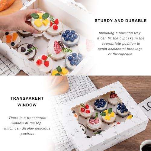 Image of Hoewina 12PCS Cupcake Boxes - Hold 12 Count Cupcake Containers with Window, Food Grade Cupcake Holder Easy Transport and Presentation - Ideal for Cupcakes, Desserts, and More (Marble pattern)