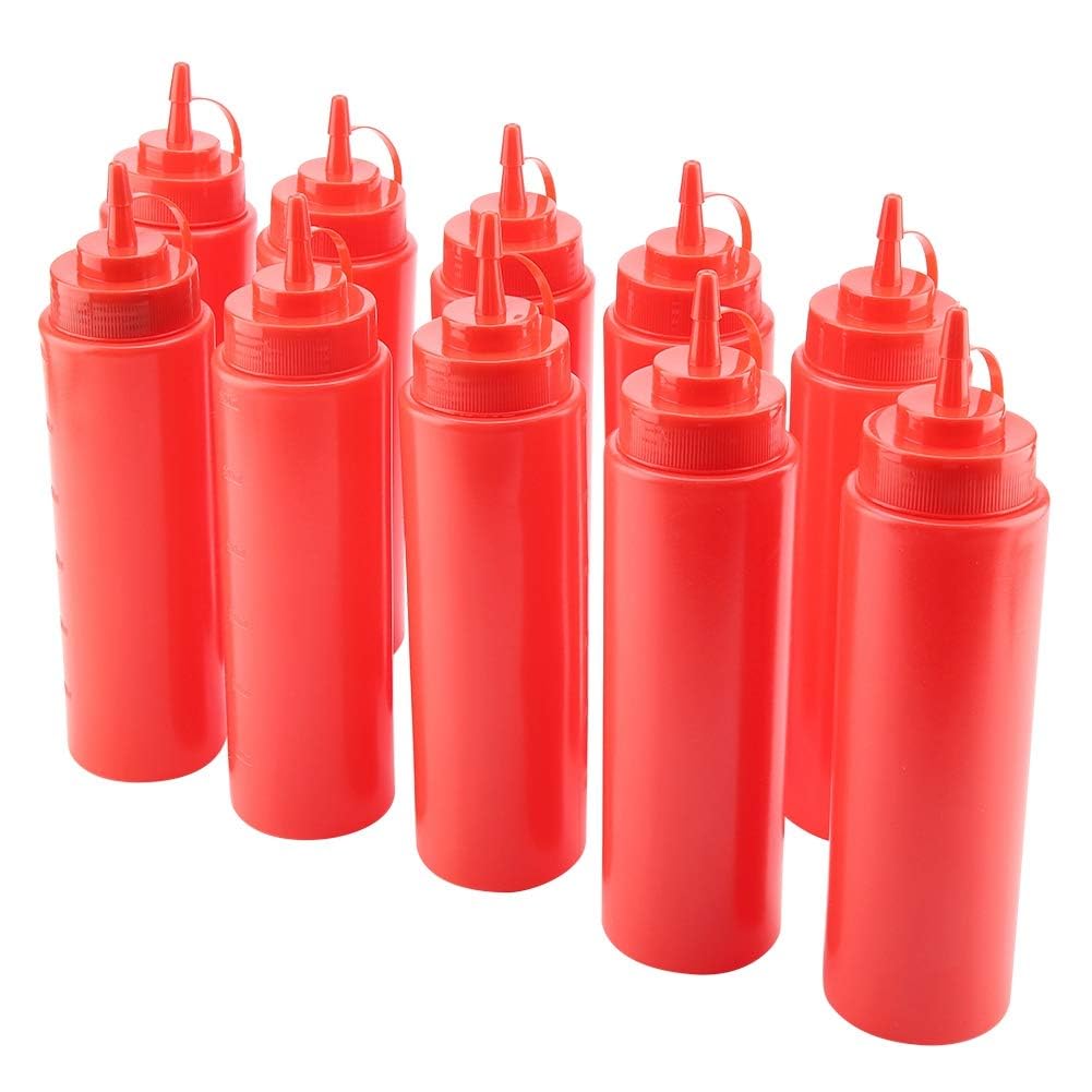 Agatige 24oz / 720ml Squeeze Bottle Refillable, 10PCS Plastic Condiment Squeeze Bottle Set with Lids Salad Dressing Container Syrup Dispenser for Sauces Bottle Oil Cream Vineger Dispenser (Red)