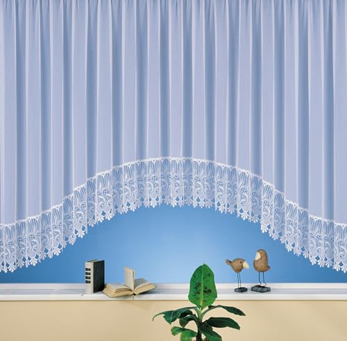 heimtexland C-Bogen Store Gardine aus edlem Websablé mit echtem Makramee-Sockel in rein weiß - HxB 175x600 cm für Dekorationsbreite 185-240 cm - Ökotex Macramée Vorhang Typ516