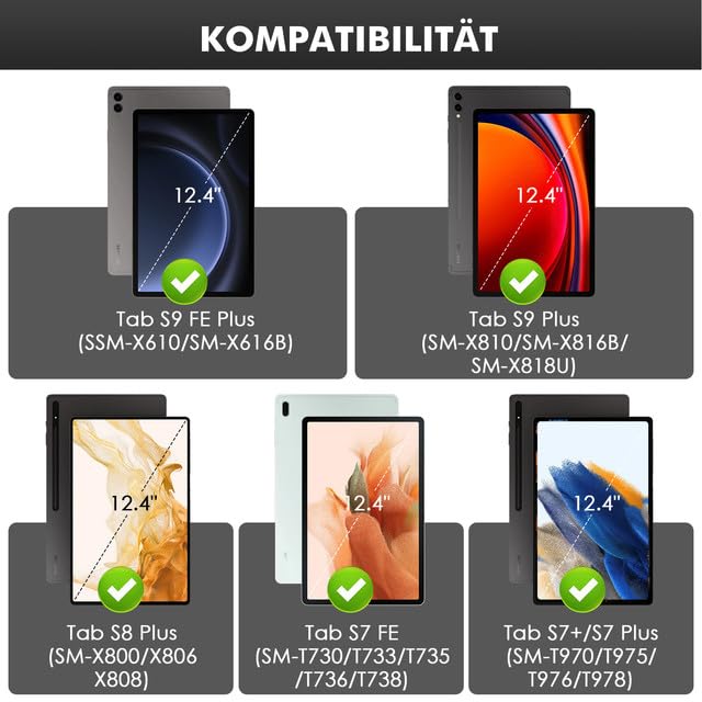 SOPPY Tastaturhülle mit Maus für 12,4'' Samsung Galaxy Tab S10+/S9 FE+/S9 Plus/S8+/S7+/S7 FE, Hülle mit Tastatur & Maus Kabellose Bluetooth Tastatur Schutzhülle -Deutsches QWERTZ, Schwarz Beleuchtet