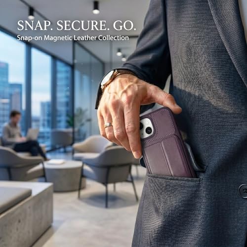 Image of amazon basics Luxury Vegan Leather Back Cover for iPhone 14 | Built-in Card Holder Slot | Integrated Mobile Stand | Slim Shockproof Protective Case with Stitched Finish - Purple