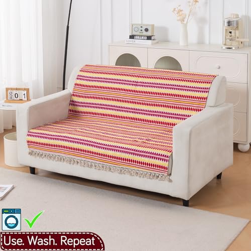 Image of HOKIPO 'Artisan Boho Series' 450 GSM Sofa Cover with Tassels | Multicolor Cotton Acrylic Jacquard Slipcover for 2 Seater Sofa, Size 152x120 cm, Ruby Red (IN-908-A6)