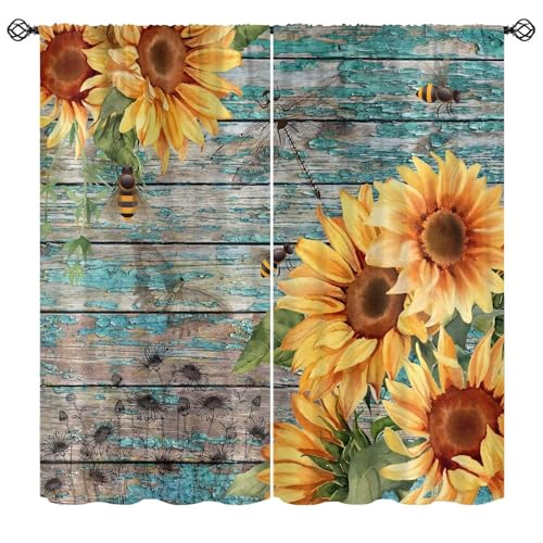 ICMOLYYENLO Rustic Sunflower Curtains, Watercolor Yellow Floral and Butterfly on White Wood Board Window Drapes, Farmhouse Decor for Bedroom Living Room, 2 Panels, 42x44 Inch
