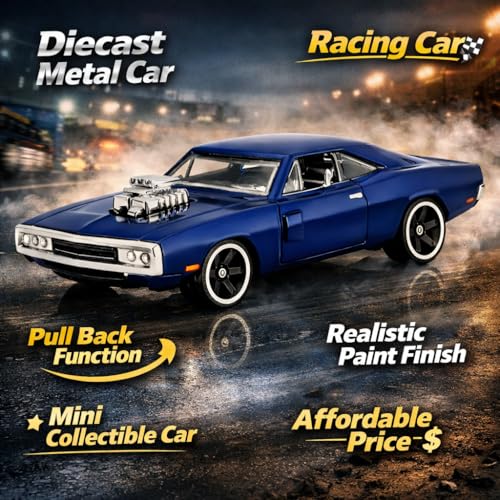 Image of 1:64 Scale Diecast Metal Muscle Car | Alloy Body Mini Collectible Cars with Smooth Wheels | Realistic Display Model & Racing Toy for Kids, Adults & Collectors (Muscle Car 1:64 Scale - Blue)