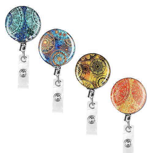 Badge Reel, Lizimandu Retractable Badge Holder Carabiner Reel Clip On ID Card Holders Pack of 4(Blue Flower)