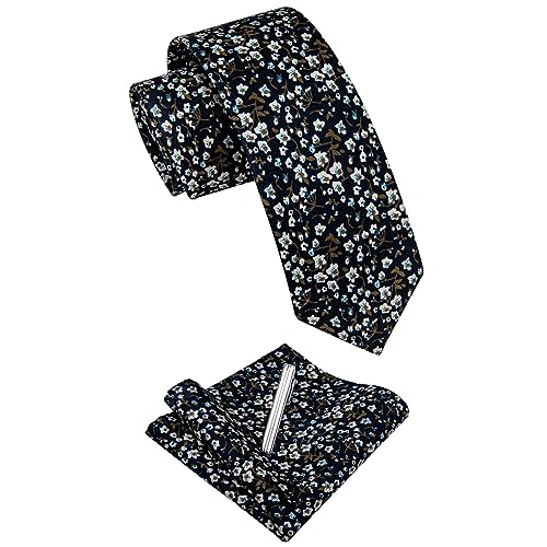 Image of YourTies Cotton Floral Tie for Men 2.5 inch Printed Skinny Necktie Pocket Square Tie Clip Set Flower Wedding Party Groom