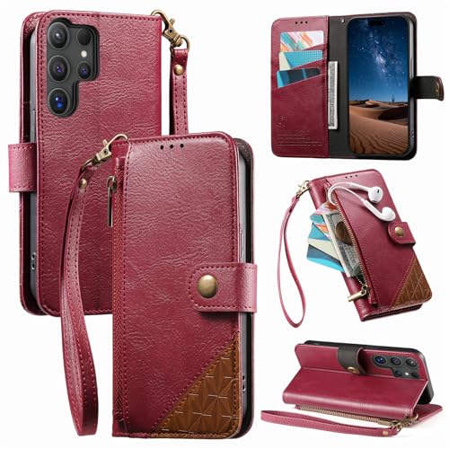 Rfvzubemok Compatible with Samsung Galaxy S26 Ultra 5G Flip Kickstand Zipper Wallet with a Lanyard and Magnetic Closure Phone Case Red