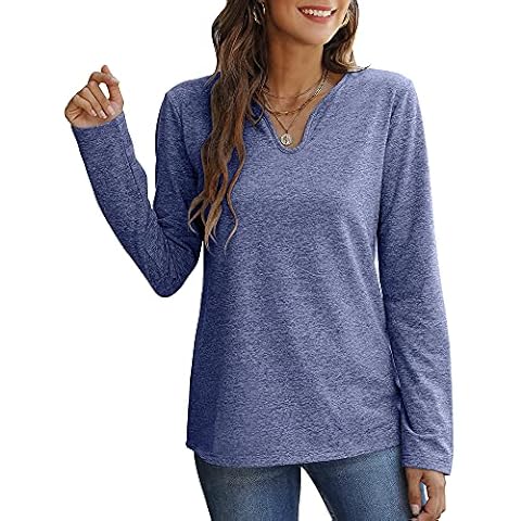 UNIQUEONE Women Casual Sweatshirt Long Sleeve V Neck Pullover Solid Color Loose Tops, Dark Blue, S Cover