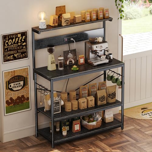 SUPERJARE Bakers Rack with Power Outlets, Microwave Stand, 39.4 X 14.3 Inch Larger Desktop, Kitchen Storage Rack with Adjustable Middle Shelf, 6 S-Shaped Hooks, Coffee Bar Stand, Black by SUPERJARE - Image 5