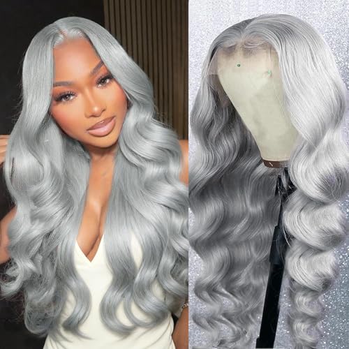 FXIMYLC 32 Inch Grey Lace Front Wigs Human Hair 13X6
