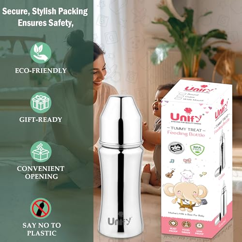 Image of Unify Stainless Steel Baby Feeding Bottle (250 ML) | Flow Nipple Bottles |Sus 304 Grade Milk Drinking Bottle | BPA Free, Anti-Colic, Plastic-Free| Ideal for Newborns (Infant) & Toddlers (Pack of 1)
