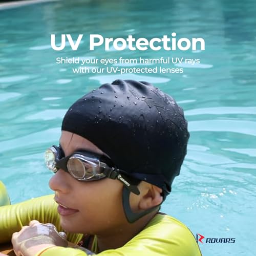 Image of ROVARS Swimming Goggles for Kids with Nose & Ear Plugs, Leakproff Full Frame with Adjustable Strap, Anti Fog and UV Protection for Boys & Girls - Black