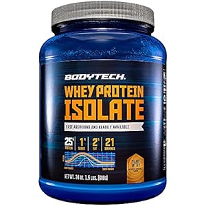 BodyTech Whey Protein Isolate Powder with 25 Grams of Protein per Serving, BCAA’s Ideal for Post Workout Muscle Building and Growth, Contains Milk and Soy, Peanut Butter (1.5 Pound)