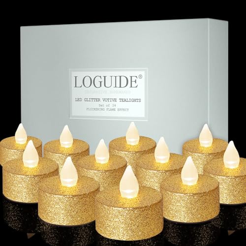 LOGUIDE Battery Operated LED Tea Lights 24 Pack Gold Flameless Votive Tealights Candle with Warm White Flickering light Small Electric Fake Tea Candle Realistic for Wedding Table Festival Celebration