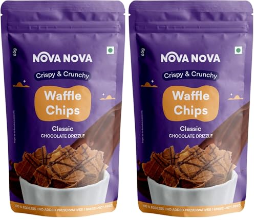 Image of Nova Nova Waffle Chips - Classic with Chocolate Drizzle | 100% Eggless | Freshly Baked | Pack of 4 (130g)