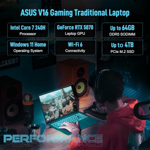 Image of ASUS V16 RTX 5070 Intel Core 7 240H 32GB DDR5 1TB SSD Gaming Laptop | 16 inch WUXGA 144Hz 16:10 Display, Turbo Blue Backlit KB, Numeric Keypad, HDMI, Windows 11 Home, w /bundle