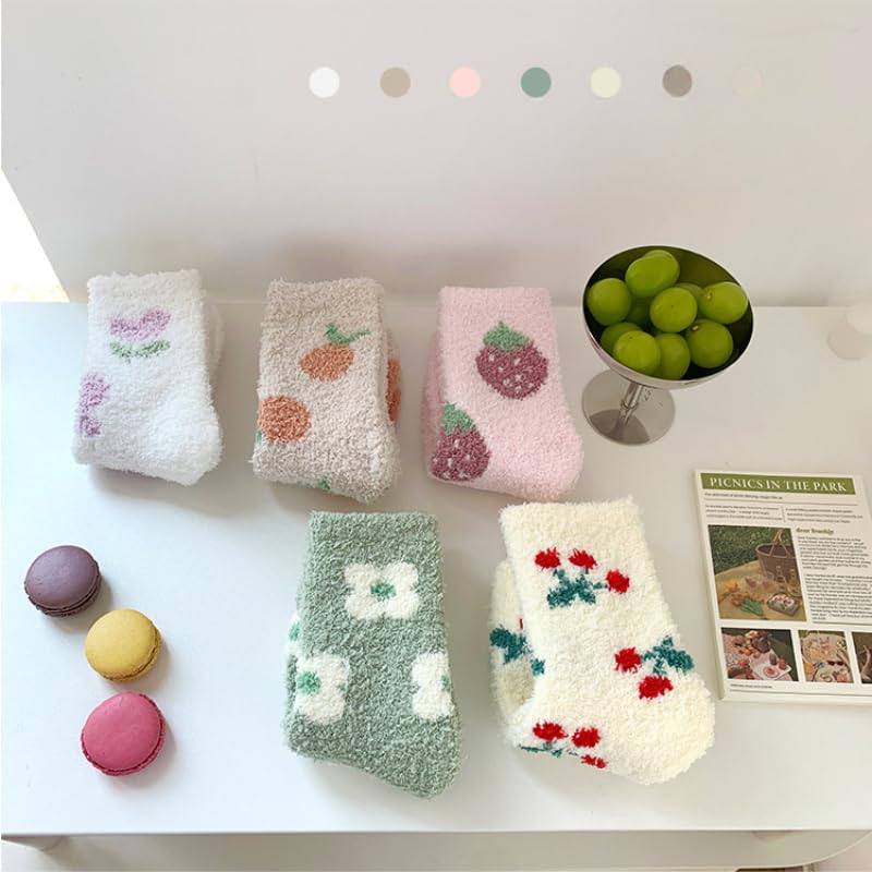 Kelabia 5 Pair Cute Floral Fuzzy Socks, Women Fluffy Slippers, Cottagecore Winter Thick Cozy Vintage Long Socks3