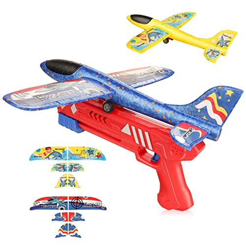 SOUDD Airplane Toys with Launcher, 2 Flight Modes Glider Catapult with 2Pcs Foam Planes, Outdoor Throwing Glider Airplane Flying Toys for Boys Girls Kids 4 5 6 7 8 9 10 11 12 Years Old Gift