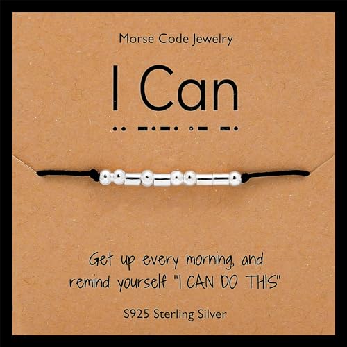Rumnoke Inspirational Morse Code Bracelet Handmade Sterling Silver Beads Bracelet Secret Message Beads Silk Cord for Women I Can