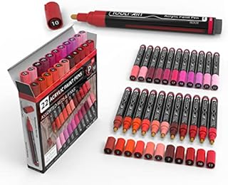 TOOLI-ART Acrylic Paint Pens 22 Assorted Pro Colour Series Markers Set 3mm Medium Tip for Rock Painting, Glass, Mugs, Wood, Metal, Canvas, DIY Projects, Non Toxic, Waterbased, Quick Drying. (REDS)