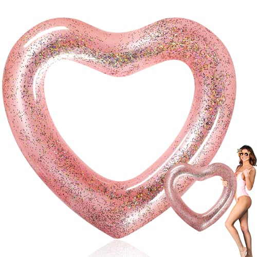 Relaxgiant Heart Pool Float 47.3 x 39.4 Inch Inflatable Swim Rings Heart Shaped Bachelorette Pool Rings Glitter Swimming Pool Float Tube Summer Water Fun Beach Party Toys for Adults(Rose Gold)