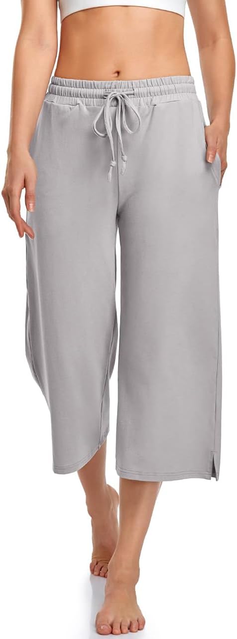 UEU Womens Capri Yoga Pants Summer Wide Leg Loose Casual Cropped Lounge Drawstring Pajama Capris Sweatpants with Pockets