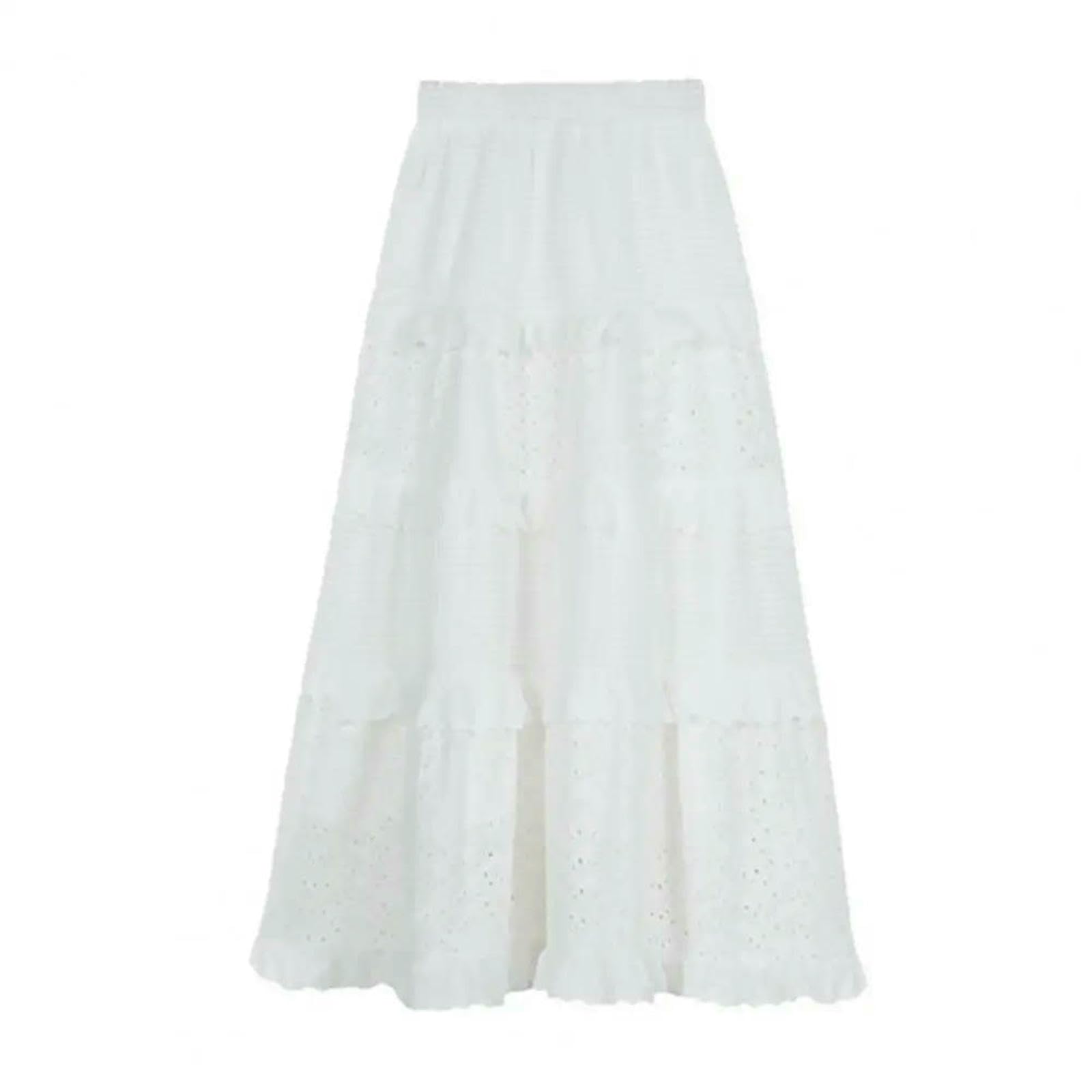 Gonna Lunga Donna Midi di Tulle Gallo all'Uncinetto Cavo Ranorbimento da A Una Galla Elastica in Vita Alta Femmina Piegata Bianca-Bianco-m
