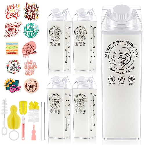 Image of Jinei 5 Pieces 17 oz Breast Milk Storage Containers Clear Breast Milk Pitcher Acrylic Breast Milk Carton Bottle for Fridge with 50 Stickers and a Set of Sponge Bottle Brush Formula Pitcher for Baby