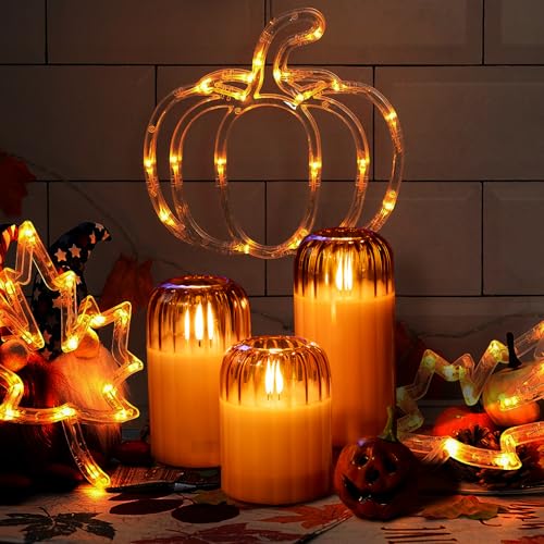 Image of Amber Ribbed Battery Candles - Glass Flameless Candles with Remote Timer, Orange LED Candles with Pumpkin Shape, Lasting 350 Hrs and Brightness Adjustment, Φ 3 inch H 4 inch 6 inch, Set of 3 for Halloween Decor