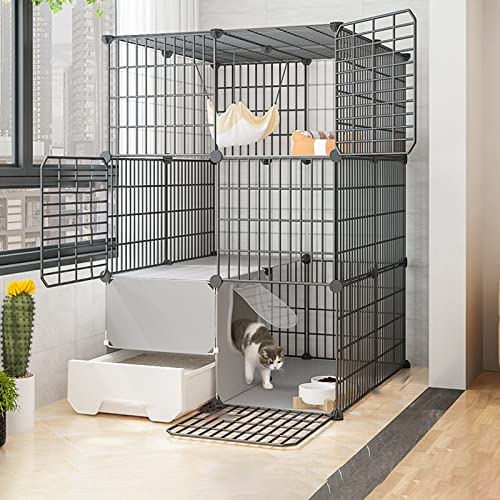 猫用ケージ 室内用 大型 トイレ付き ワイヤーキャットケージ 折りたたみ式キャットケージ ポータブルモルモットケージ 樹脂製フットパッド付き - ブラック/イエロー - 10サイズ(Black-b-75-95-109cm)