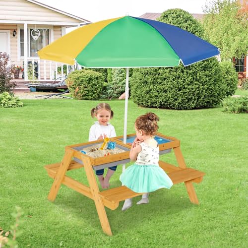 HONEY JOY 3-in-1 Kids Picnic Table Set, Children Water and Sand Table w/Removable & Height Adjustable Umbrella, Outdoor Activity Play Table Bench with Removable Tabletop, 2 Play Boxes (Colorful)