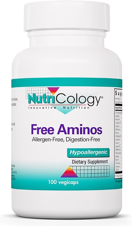 Nutricology Free Aminos - Essential Amino Acids Complex - 17 Free Form Blend With 5-HTP - Muscle & Healthy Metabolism Support - Vegetarian - 50 Servings - 100 Capsules