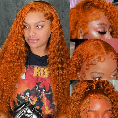Image of LAINSS Ginger Wig Human Hair 13x6 Orange Ginger Deep Wave Lace Front Wigs Human Hair 350# Deep Curly HD Lace Front Wigs for Women 210% Density Deep Curly Wig Human Hair Pre Plucked 34Inch