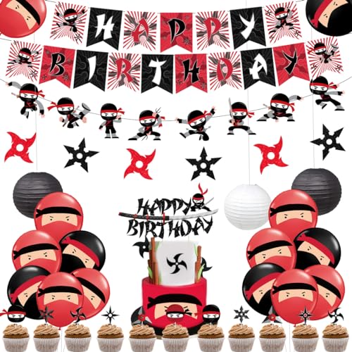 Décoration de Fête d'Anniversaire Ninja Rouge et Noir sur le Thème des Guerriers - Fournitures de Fête pour Garçons avec Autocollant Ninja Banderole...