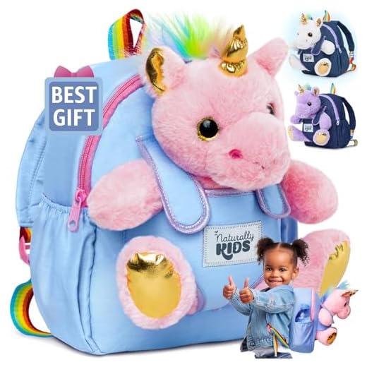 Naturally KIDS Small Unicorn Backpack - 3 - 4 Year Old Girl Gifts - Toddler Backpack for Girls Boy w Stuffed Animal - Toys for 3 Year Old Girls - w Pockets & Reflective Logo - Backpack w Pink Unicorn