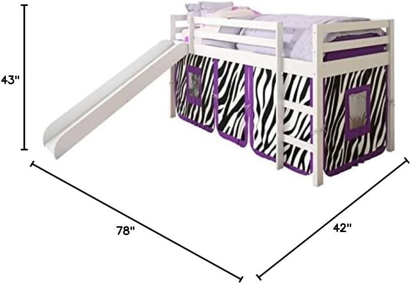 Donco Kids Twin Low Loft Bed with Slide and Camo Tent, Twin, White