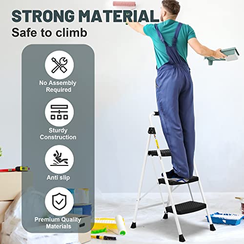 Soctone 3 Step Ladder, Folding Step Stool For Adults With Handle, Lightweight, Perfect For Kitchen& Household, 500Lbs Capacity Sturdy Steel Ladder #TOP1