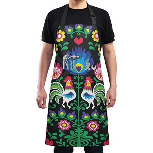 Xigua Polish Folk Art Pattern Apron Larger Size Cooking Kitchen Baking Unisex Aprons, Aprons For Women With Pockets #TOP3