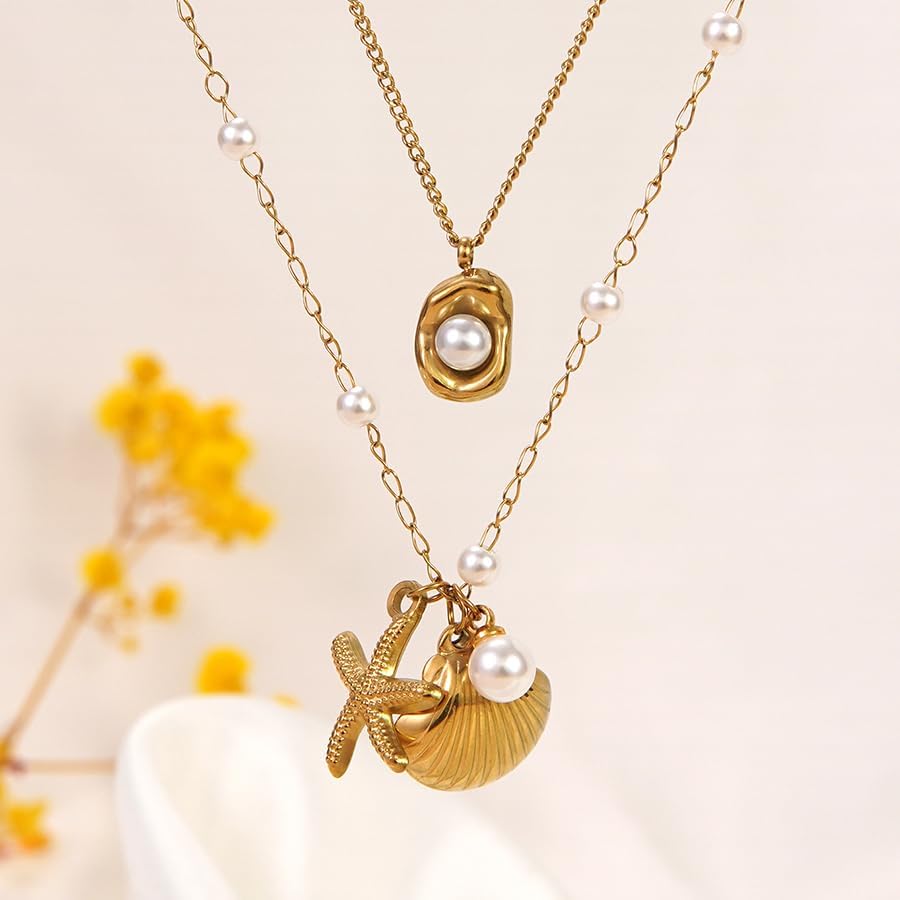Ocean Shell Necklace Set - Beach Vacation Jewelry with White Bead and Glass Accents for Women, Summer Seaside Accessories, Two-Layer Adjustable depandent necklace as gifts for her (FSY773XL+078) - Image 2