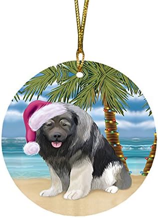 Summertime Tropical Island Beach Caucasian Ovcharka Dog Round Flat Ornament - Pet Decorative Hanging Ornaments for Christmas X-mas Tree Decorations - 2.75" Round Christmas Ornament POR1641